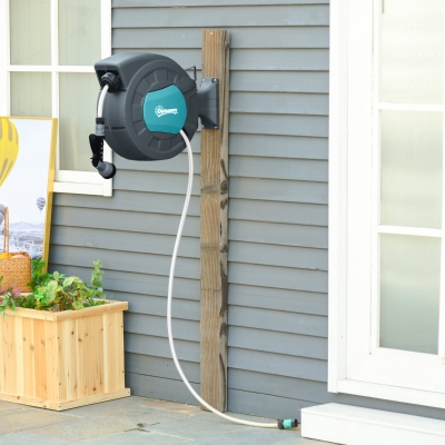 Outsunny Wandhaspel Automatischer Aufroller schwenkbar 180° Schlauch 15 + 1,4 m mit Sprühpistole Wandhalterung Türkis Grau