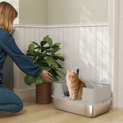 PawHut Arenero para Gatos de Acero Inoxidable XL con Borde Alto Pala Fácil de Limpiar Prueba de Fugas 60x40x29,5 cm Gris