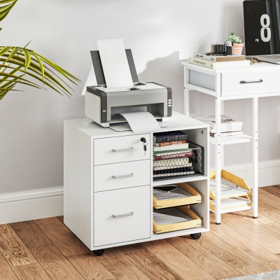 HOMCOM Commode Bureau 3 Tiroirs avec Serrure Blanc 60x40x56 cm