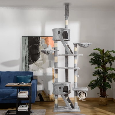 PawHut Arbre à chat du sol au plafond, tour à chat réglable en hauteur de 240-260 cm à plusieurs niveaux, gris clair