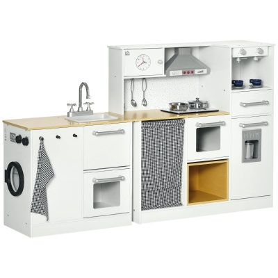 HOMCOM Cocina de Juguete de Madera para Niños de +3 Años Cocinita de Juguete con Luz Sonidos y Taburete Blanco