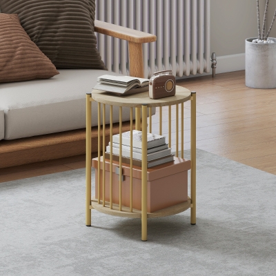 HOMCOM Mesa Auxiliar Redonda de 2 Niveles con Estante de Almacenaje y Marco de Acero para Salón Dormitorio Ø41x49 cm Natural