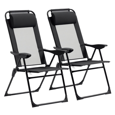 Outsunny Chaises Jardin Pliantes Lot 2 Noir Textilène Oreiller
