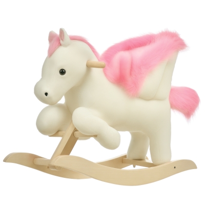 HOMCOM Cheval à Bascule Musical Peluche Bois Blanc Rose