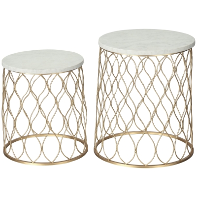 Outsunny 2er-Set Gartentisch Beistelltische Couchtische Retro Drahtkorb Metallkorb Garten Satztisch Gartenmöbel Outdoor Balkon Stahl Gold + Weiß Ø41 x 46 cm