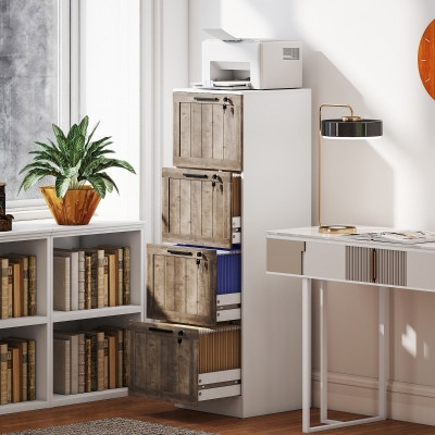 HOMCOM Cajonera de Escritorio con 4 Cajones Cerradura 2 Llaves Barras Colgantes para A4 Carta 39,4x40x129 cm Blanco y Madera