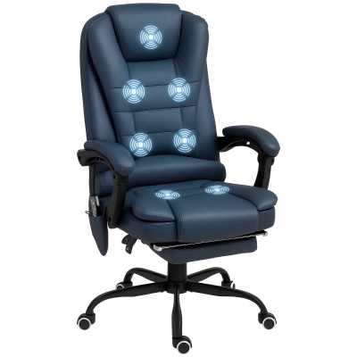 Vinsetto Poltrona da Ufficio con 7 Punti Massaggianti e Poggiapiedi, in Pelle PU e Acciaio, 67x67x111-121 cm, Blu