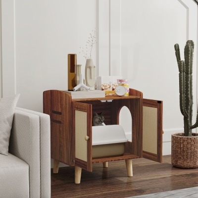 PawHut Mueble Arenero para Gatos Mesa Auxiliar con Puertas con Esteras de Sisal para Salón Dormitorio 55x43x59,6 cm Marrón