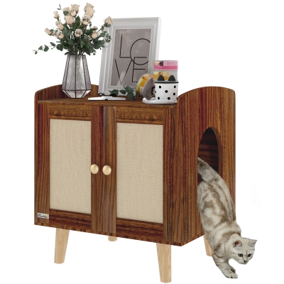 PawHut Mobile Lettiera per Gatti con Porte e Tappetini in Sisal, 55x43x59,6 cm, Marrone
