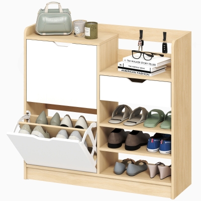 HOMCOM Schoenenrek voor hal, schoenenkast met klapladen, open planken, 4 haken, voor tot 14 paar schoenen, Wit