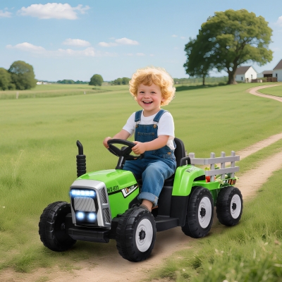 HOMCOM Tractor Eléctrico con Remolque para Niños 3-6 Años con Control Remoto y Cinturón de Seguridad 136,5x50x52,5 cm Verde