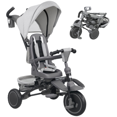 AIYAPLAY Triciclo Evolutivo 6 en 1 Plegable Asiento Giratorio de 360° Mango Parental Respaldo Reclinable Toldo Gris