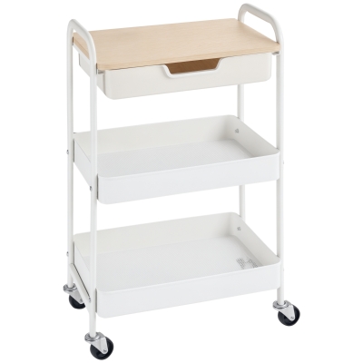 HOMCOM Carrito de Cocina con Ruedas Carro de Almacenamiento con Cajón Extraíble 2 Cestas y Frenos para Baño Salón Dormitorio 43,9x30,5x75,6 cm Blanco