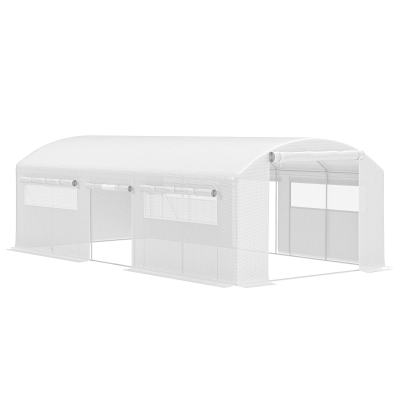 Outsunny Invernadero de Túnel 6x3x2 m con 6 Ventanas de Malla Cubierta de PE Anti-UV y 3 Puertas Enrollables Blanco