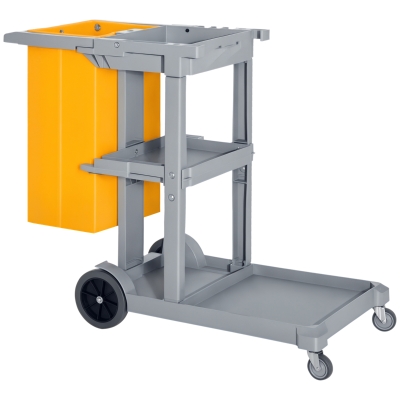 HOMCOM Carro de Limpieza con Bolsa 100L Profesional y Multifuncional para Colectividades Hotel Hostal con 3 Bandejas y 1 Plataforma 121x50,5x96,5 cm Gris y Amarillo