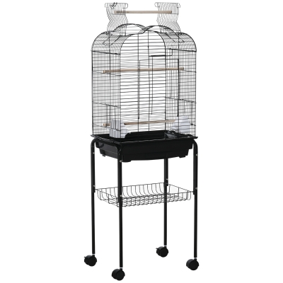 PawHut Jaula para Pájaros con Soporte Jaula de Aves Canarios con 4 Ruedas Techo Abrible 2 Comederos 3 Perchas Bandeja Extraíble y Estante Inferior 46x36x130 cm Negro