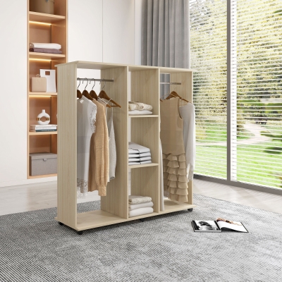 HOMCOM Armario para Ropa con Barra Estantes Abiertos Organizador para Colgar Ropa de Dormitorio 120x40x128 cm Natural