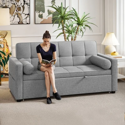 HOMCOM Schlafsofa 2-Sitzer 3-in-1 Schlafcouch mit Doppelbett verstellbarer Rückenlehne 2 Kissen 151x137,5x84cm Grau