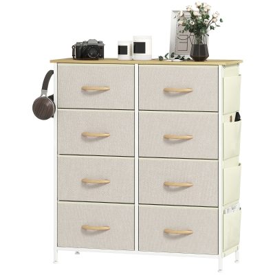HOMCOM Commode voor slaapkamer met 8 stoffen lades, stalen steunbalken, houten oppervlak, 4 opbergtassen, 2 haken, Beige
