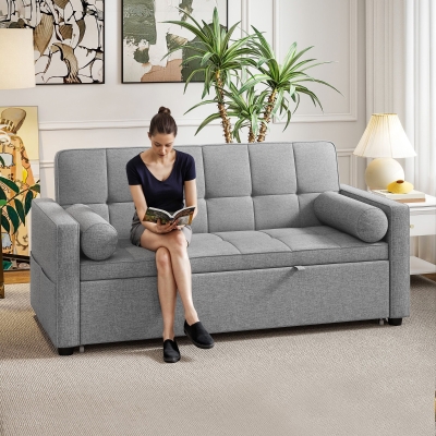 HOMCOM Sofá convertible 2 plazas 3 en 1 sofá cama con cama nido doble respaldo ajustable 2 cojines 151x137,5x84 cm Gris