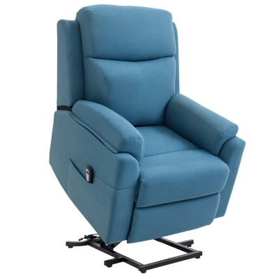 HOMCOM Fernsehsessel mit Aufstehhilfe Elektrisch Relaxsessel mit Liegefunktion, TV-Sessel mit Fernbedienung Seitentasche Taschenfederkern Leinenoptik Blau