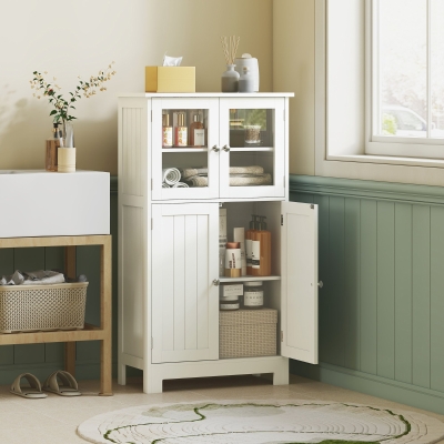 kleankin Armario Auxiliar de Baño con Puertas de Cristal y Estante Ajustable Armario Multifuncional 60x30x108,5cm Blanco