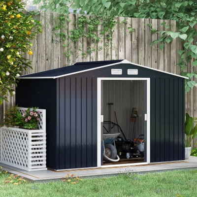 Outsunny 9 x 6FT Metal Shed Roofed Garden Shed Outdoor Storage Shed with Foundation Ventilation & Doors, Dark Grey