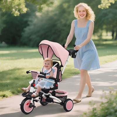 AIYAPLAY Triciclo para Niños, 6 en 1 Cochecito para Bebés, con Barra de Empuje, Asiento Ajustable, Diseño Plegable, Red de Seguridad