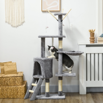 PawHut Tour pour Chats 134cm Bois Peluche Sisal Gris
