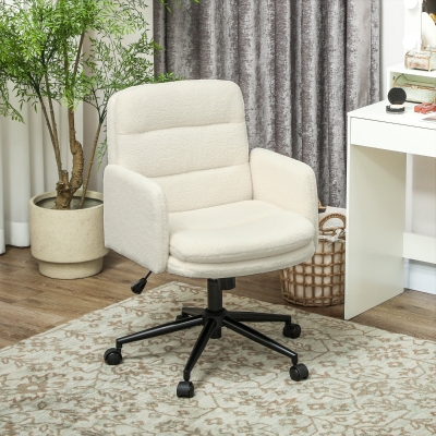 HOMCOM Silla de oficina con ruedas, tejido de bouclé, reposabrazos, 5 ruedas, giratoria, crema