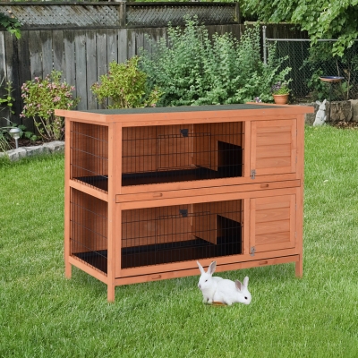 PawHut Conejera Madera de Exterior Jaula para Conejo Cobaya 2 Niveles Bandeja Extraíble Casa para Animal Pequeño 136.4x50x93cm