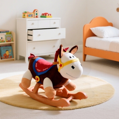 Cheval à Bascule Marron Beige Blanc Jouet Enfant