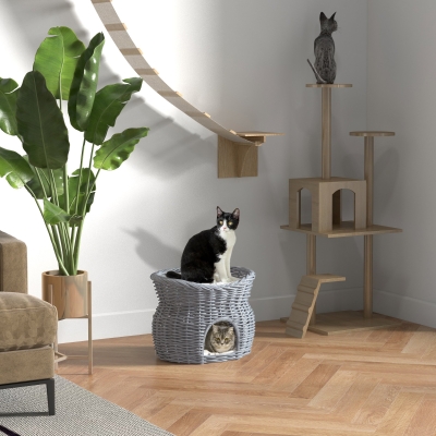 PawHut kattenbed kattengrot kattenmand met 2 kussens wilgentenen mand met ligvlak erboven grijs