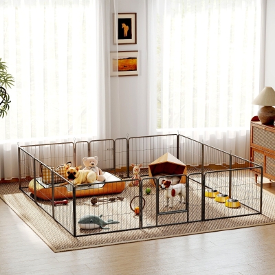 PawHut Huisdieromheining, puppyren, puppyhek, 12 panelen, voor binnen en buiten, zwart