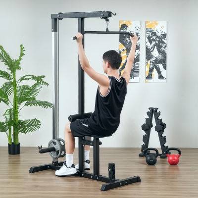 HOMCOM krachtstation met riemschijf zitting verstelbaar en meerdere kabelposities om de spieren te versterken trainingsapparaat voor home fitness staal zwart 180 x 183 x 219 cm