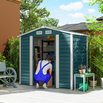 Outsunny Cobertizo Metálico para Jardín 213x120x166/194 cm con Base Refuerzo Puertas Correderas y Ventilaciones Verde Oscuro
