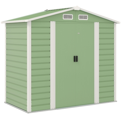 Outsunny Cobertizo Metálico para Jardín 213x120x166/194 cm con Base Refuerzo Puertas Correderas y Ventilaciones Verde Claro