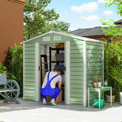 Outsunny Cobertizo Metálico para Jardín 213x120x166/194 cm con Base Refuerzo Puertas Correderas y Ventilaciones Verde Claro