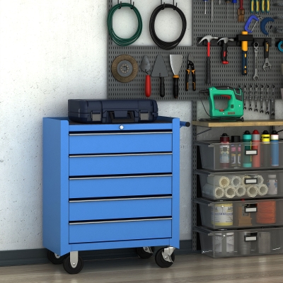HOMCOM® werkplaatswagen verrijdbaar, afsluitbaar met 5 schuifladen, gereedschap wagen verrijdbare gereedschapswagen gereedschapskist schuifladen blauw