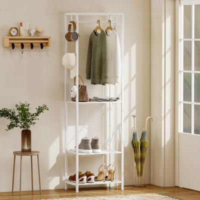 HOMCOM Perchero, portante a prendas con barra de suspensión, 4 ganchos, estantes, 52 x 30 x 180 cm, blanco