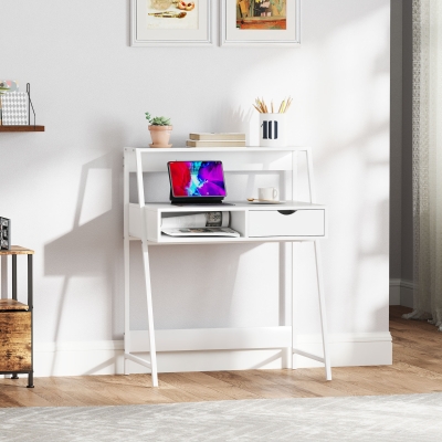 HOMCOM Escritorio Informático Estilo neo-retro con cajón Nicho estante metal Blanco