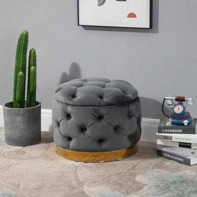HOMCOM Vintage Hocker, Sitzhocker Truhenbank Fußbank Fußhocker mit Stauraum, Polsterhocker, Metall, Schaumstoff, Kohlegrau, 55 x 55 x 42 cm