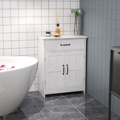 kleankin Mueble de baño armario de baño de pie con doble puerta cajón y estante ajustable 60x30x75 cm Blanco