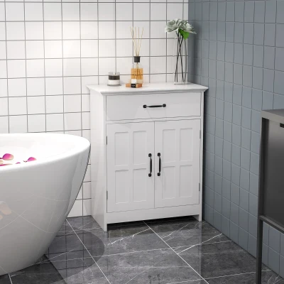 kleankin Mueble de baño armario de baño de pie con doble puerta cajón y estante ajustable 60x30x75 cm Blanco