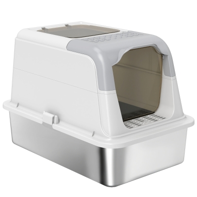 PawHut Maison de Toilette Chat Fermée Acier Inox Blanc 60,4cm