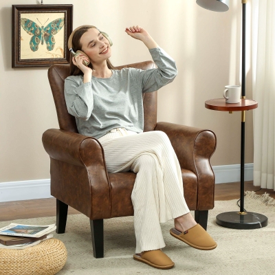 HOMCOM Upholstered Accent Armchair Wood Legs Brown