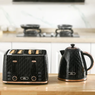 HOMCOM 2-in-1 Küchenset, Toaster und Wasserkocher, mehrere Optionen, 1,7 L, 4 Toastscheiben gleichzeitig, Kunststoff, Schwarz
