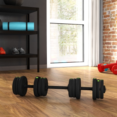 SPORTNOW Set 2 en 1 avec 2 Haltères Convertibles en Barre, Poids Total 20 kg et Disques Poids Réglables, Noir