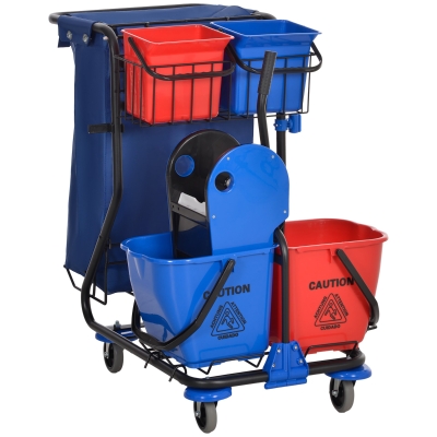 HOMCOM Carro de Limpeza Profissional com Balde Duplo Removível de 18 Litros Escorredor e Bolsa de Lixo 93x80x97 cm Vermelho e Azul