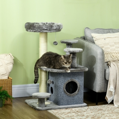 PawHut Arbre à Chat Gris 92cm avec Transat et Maison